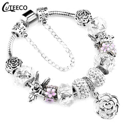 CUTEECO 925 Fashion Silver Charms Bracelet Bangle For Women Crystal Flower Beads Fit Pandora Bracelets Jewelry