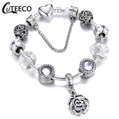 CUTEECO 925 Fashion Silver Charms Bracelet Bangle For Women Crystal Flower Beads Fit Pandora Bracelets Jewelry