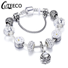 CUTEECO 925 Fashion Silver Charms Bracelet Bangle For Women Crystal Flower Beads Fit Pandora Bracelets Jewelry