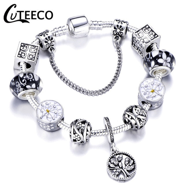 CUTEECO 925 Fashion Silver Charms Bracelet Bangle For Women Crystal Flower Beads Fit Pandora Bracelets Jewelry