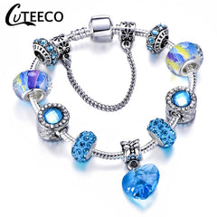 CUTEECO 925 Fashion Silver Charms Bracelet Bangle For Women Crystal Flower Beads Fit Pandora Bracelets Jewelry