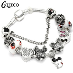 CUTEECO 925 Fashion Silver Charms Bracelet Bangle For Women Crystal Flower Beads Fit Pandora Bracelets Jewelry