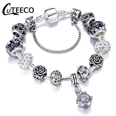 CUTEECO 925 Fashion Silver Charms Bracelet Bangle For Women Crystal Flower Beads Fit Pandora Bracelets Jewelry