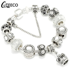 CUTEECO 925 Fashion Silver Charms Bracelet Bangle For Women Crystal Flower Beads Fit Pandora Bracelets Jewelry