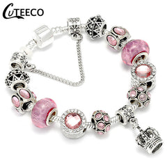 CUTEECO 925 Fashion Silver Charms Bracelet Bangle For Women Crystal Flower Beads Fit Pandora Bracelets Jewelry