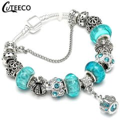 CUTEECO 925 Fashion Silver Charms Bracelet Bangle For Women Crystal Flower Beads Fit Pandora Bracelets Jewelry