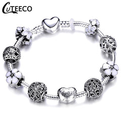 CUTEECO 925 Fashion Silver Charms Bracelet Bangle For Women Crystal Flower Beads Fit Pandora Bracelets Jewelry