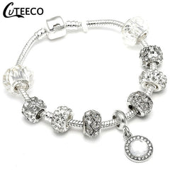 CUTEECO 925 Fashion Silver Charms Bracelet Bangle For Women Crystal Flower Beads Fit Pandora Bracelets Jewelry