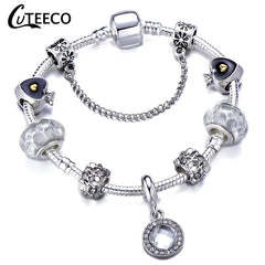 CUTEECO 925 Fashion Silver Charms Bracelet Bangle For Women Crystal Flower Beads Fit Pandora Bracelets Jewelry