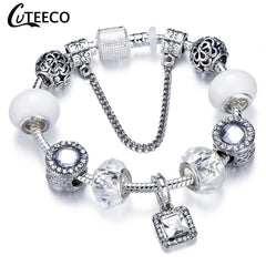 CUTEECO 925 Fashion Silver Charms Bracelet Bangle For Women Crystal Flower Beads Fit Pandora Bracelets Jewelry