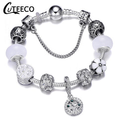 CUTEECO 925 Fashion Silver Charms Bracelet Bangle For Women Crystal Flower Beads Fit Pandora Bracelets Jewelry