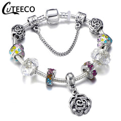 CUTEECO 925 Fashion Silver Charms Bracelet Bangle For Women Crystal Flower Beads Fit Pandora Bracelets Jewelry