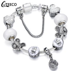 CUTEECO 925 Fashion Silver Charms Bracelet Bangle For Women Crystal Flower Beads Fit Pandora Bracelets Jewelry