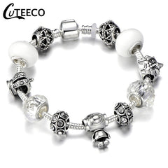 CUTEECO 925 Fashion Silver Charms Bracelet Bangle For Women Crystal Flower Beads Fit Pandora Bracelets Jewelry