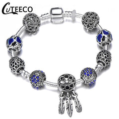 CUTEECO 925 Fashion Silver Charms Bracelet Bangle For Women Crystal Flower Beads Fit Pandora Bracelets Jewelry