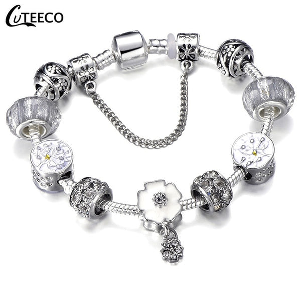 CUTEECO 925 Fashion Silver Charms Bracelet Bangle For Women Crystal Flower Beads Fit Pandora Bracelets Jewelry