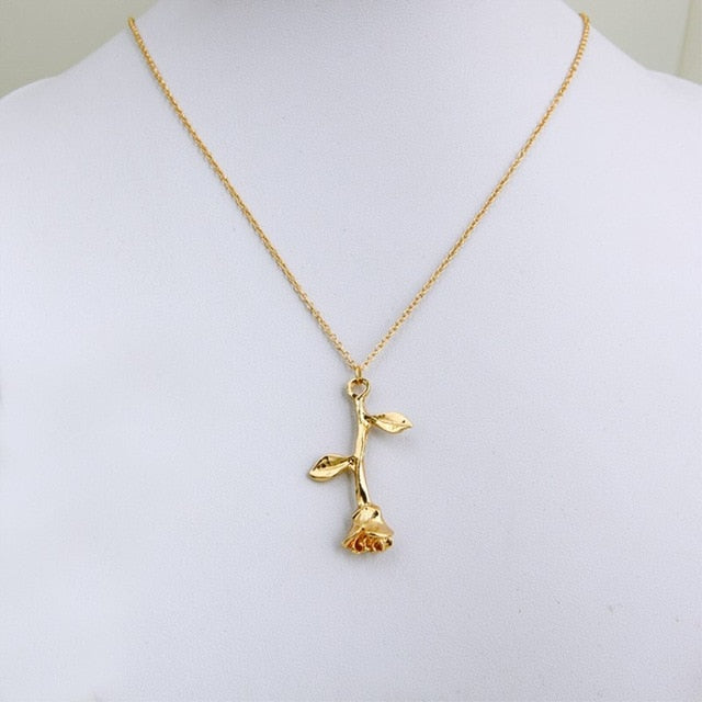 Fashion Jewelry Collier Pink Gold Rose Statement Pendant Necklace Women's Beauty and Beast Jewelry Lovers Gifts  4CND24