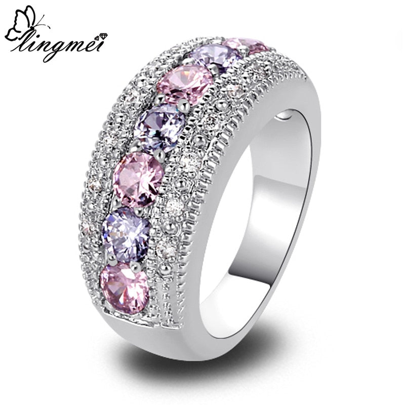 lingmei DropShippng Generous Fashion Lady Pink Cubic Zircon Tourmaline Silver Ring Size 6 7 8 9 10 11 12 13 Romantic Jewelry