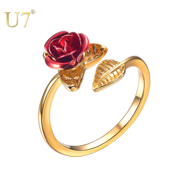 U7 Red Rose Garden Flower Leaves Resizable Finger Rings for Women Valentine's Day Gift Jewelry Hot Sale 2019 Open Ring R1019