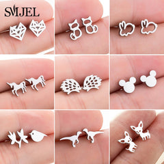 SMJEL Stainless Steel Mickey Stud Earrings for Women Girls Minimalist Fox Cat Hedgehog Earings Jewelry Animal Accessories Gifts